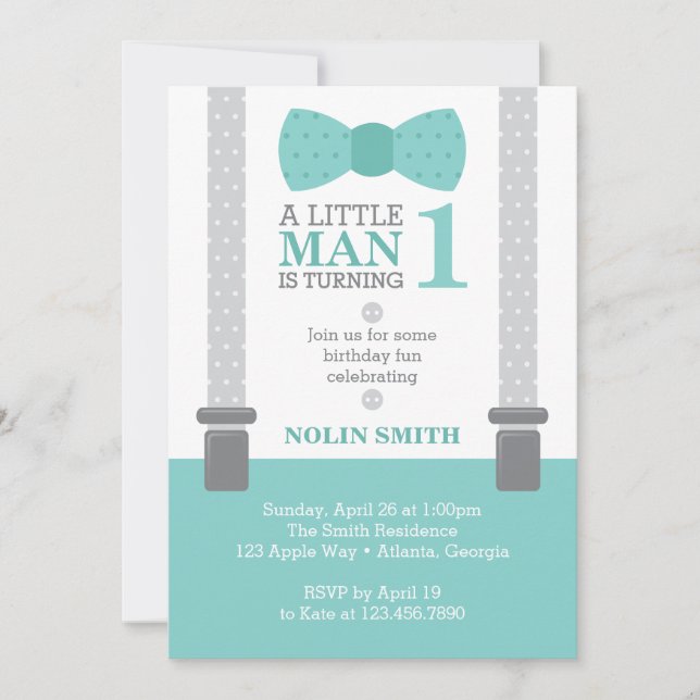 Invitación Fiesta de cumpleaños de pequeño hombre, Verde azul (Anverso)