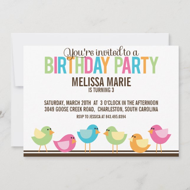 Invitación Fiesta de cumpleaños de pequeños pájaros (Anverso)