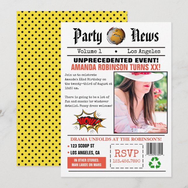 Invitación Fiesta de Cumpleaños de Periódico Retro (Anverso / Reverso)