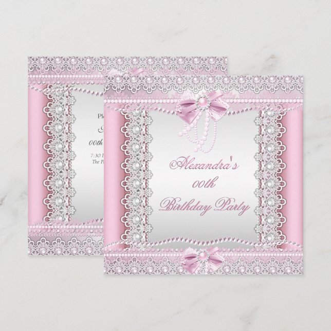 Invitación Fiesta de cumpleaños de Perlas Blancas Rosa Lace B (Anverso / Reverso)