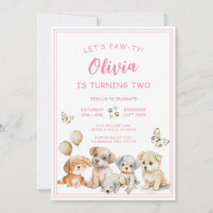 Invitación Fiesta de Cumpleaños de Perrita Rosa para Niña
