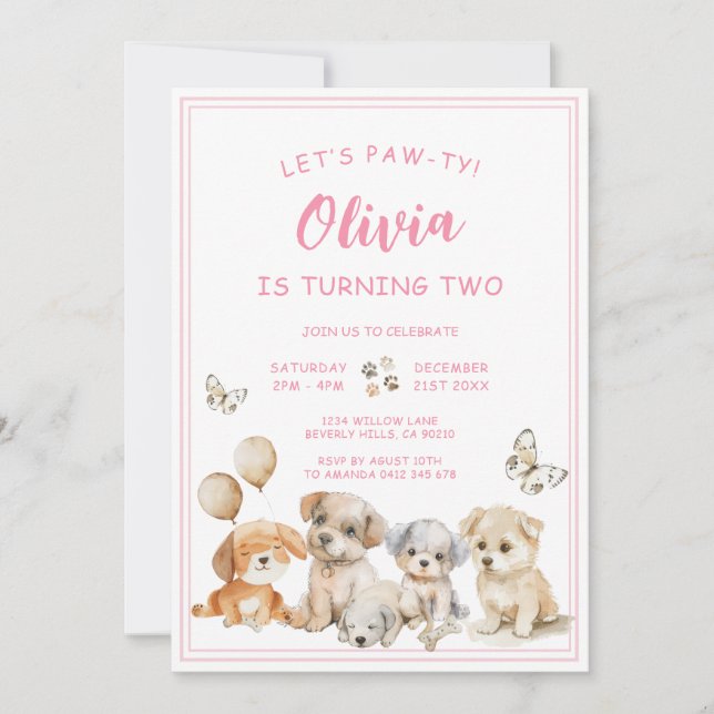 Invitación Fiesta de Cumpleaños de Perrita Rosa para Niña (Anverso)