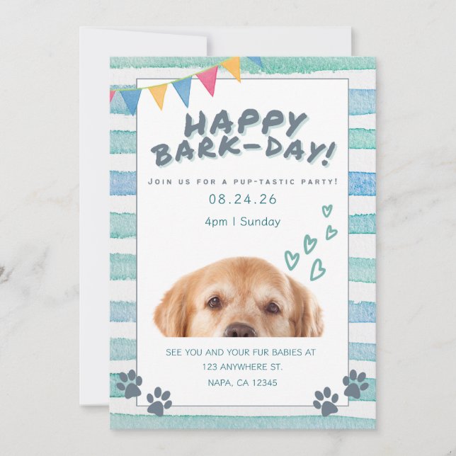 Invitación Fiesta de Cumpleaños de Perrito Acuarela Azul y Bl (Anverso)