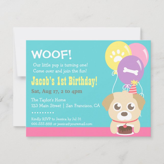 Invitación Fiesta de Cumpleaños de Perrito Adorable y Globos (Anverso)