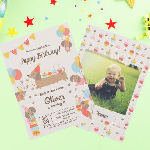 Invitación Fiesta de Cumpleaños de Perritos Cachorros Dachshu