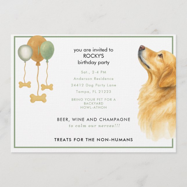 Invitación Fiesta de cumpleaños de perro con acuarela (Anverso)