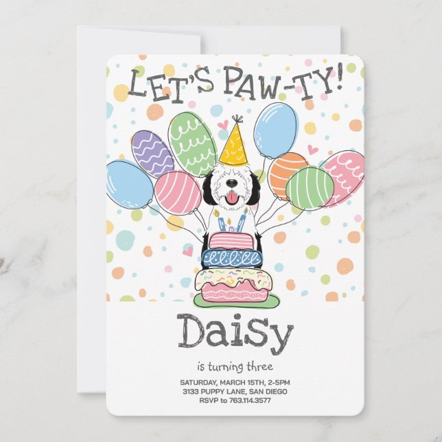 Invitación Fiesta de cumpleaños de perro de Sheepadoodle blan (Anverso)