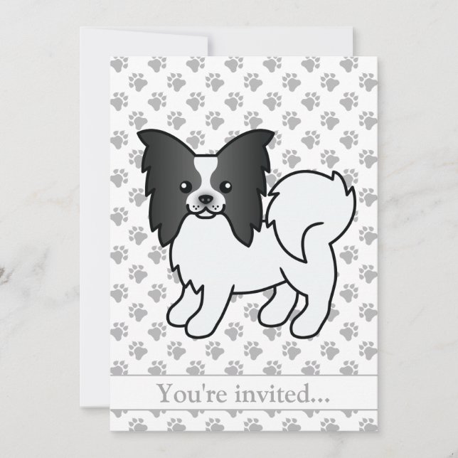 Invitación Fiesta de Cumpleaños de Perro Papillon Negro y Bla (Anverso)