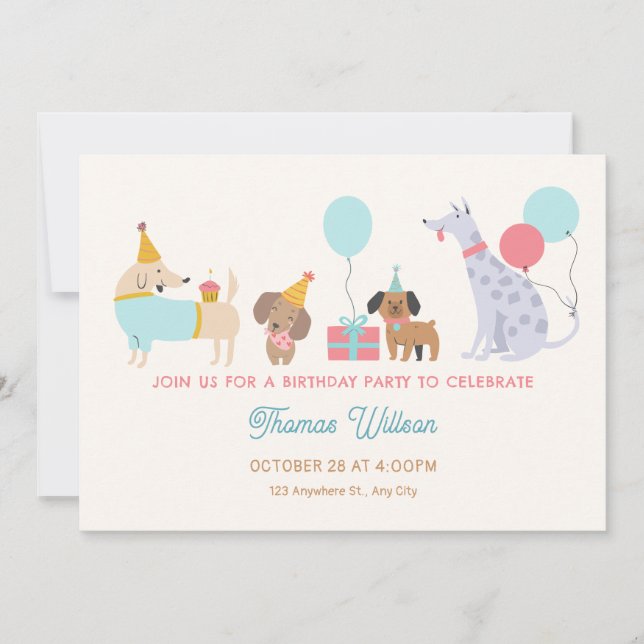 Invitación Fiesta de cumpleaños de perros coloridos (Anverso)