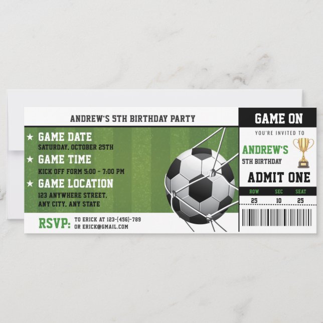Invitación Fiesta de cumpleaños de Personal Soccer Ticket (Anverso)