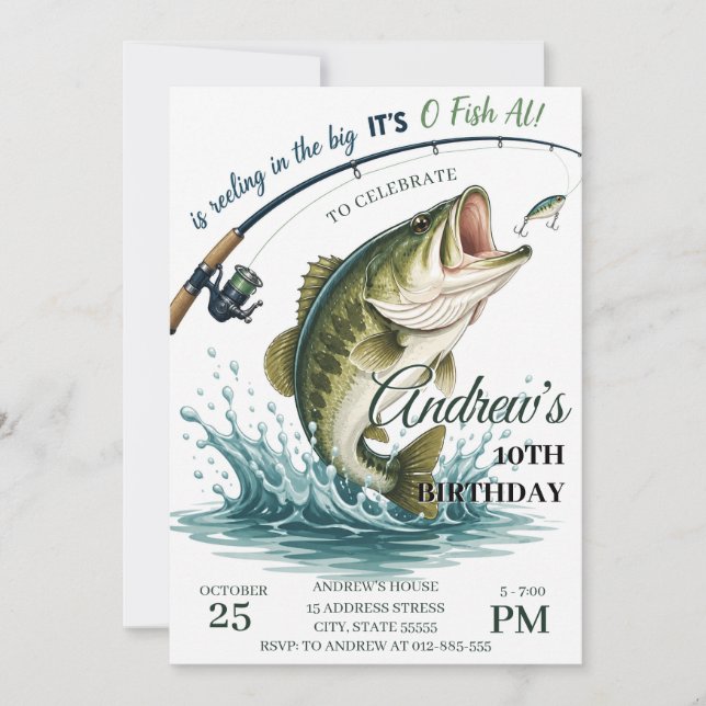 Invitación Fiesta de cumpleaños de pesca de lubina personaliz (Anverso)