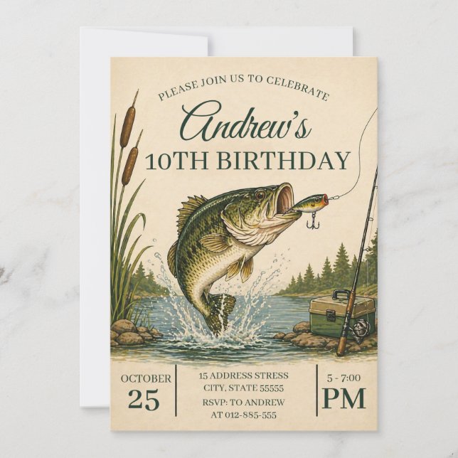 Invitación Fiesta de cumpleaños de pesca para niños personali (Anverso)