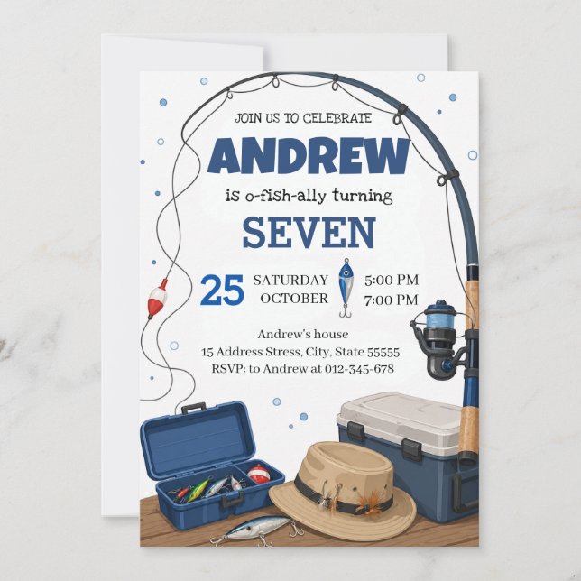 Invitación Fiesta de cumpleaños de pesca personalizada O-fish (Anverso)