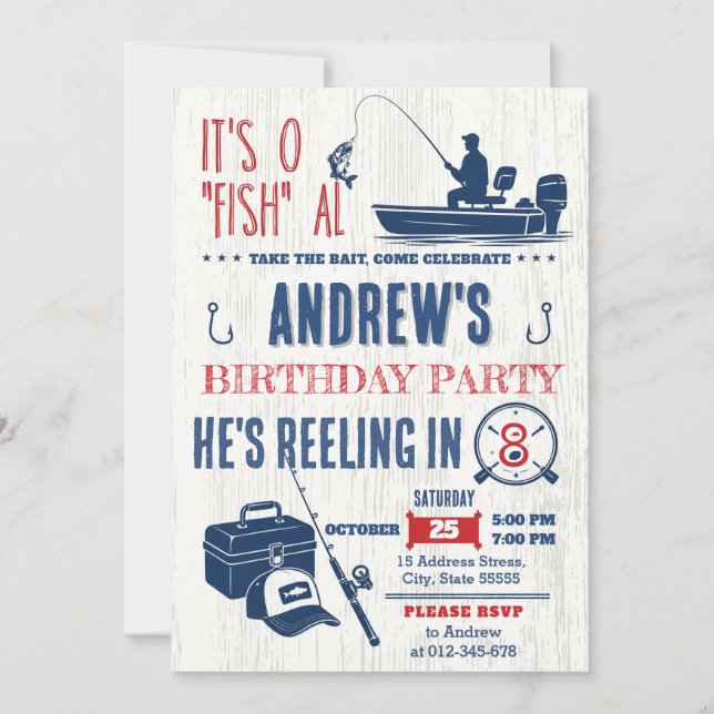 Invitación Fiesta de cumpleaños de pesca personalizada para n (Anverso)