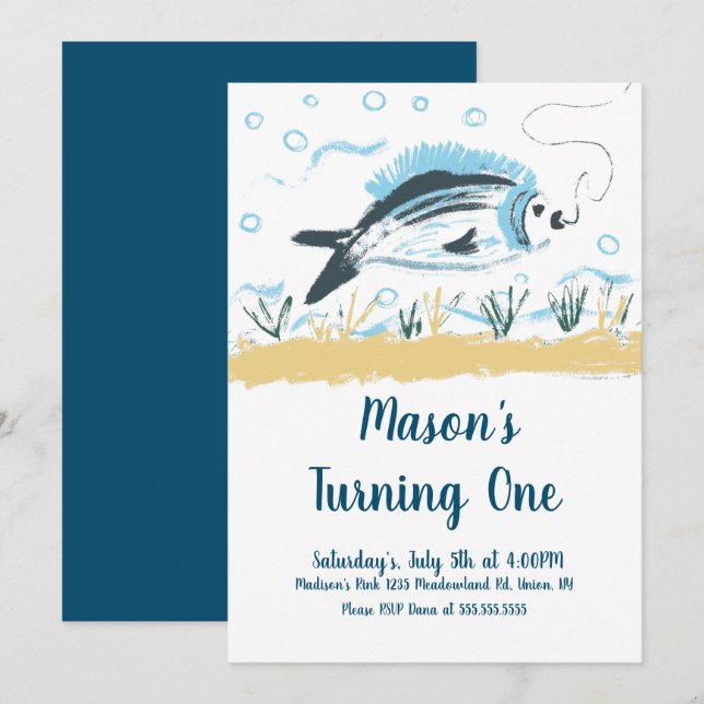 Invitación Fiesta de Cumpleaños de Pescado de Un Año con Cebo (Anverso / Reverso)