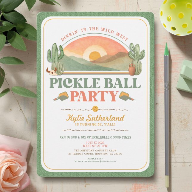 Invitación Fiesta de Cumpleaños de Pickleball al Estilo Weste (Western Theme Pickleball Party Invitation Y'all!)