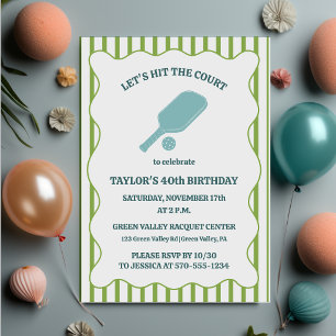 Invitación Fiesta de Cumpleaños de Pickleball con Rayas Verde