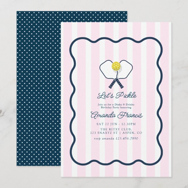 Invitación Fiesta de Cumpleaños de Pickleball Preppy Dinks &  (Anverso / Reverso)