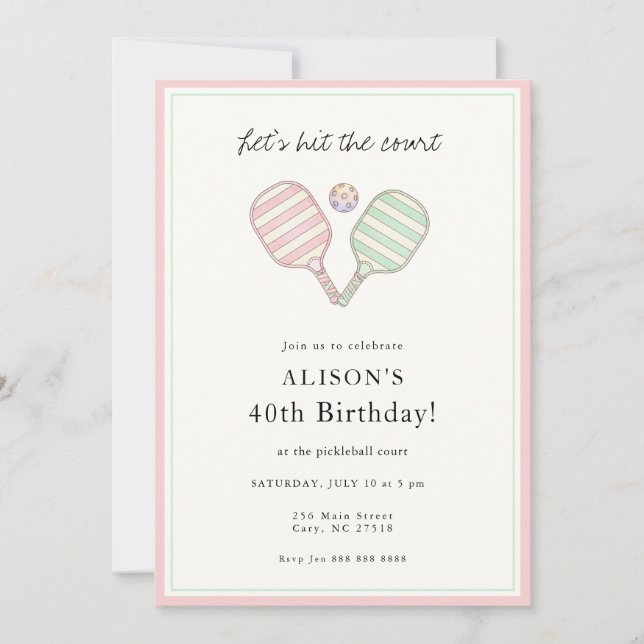 Invitación Fiesta de cumpleaños de Pickleball rosa y verde ad (Anverso)