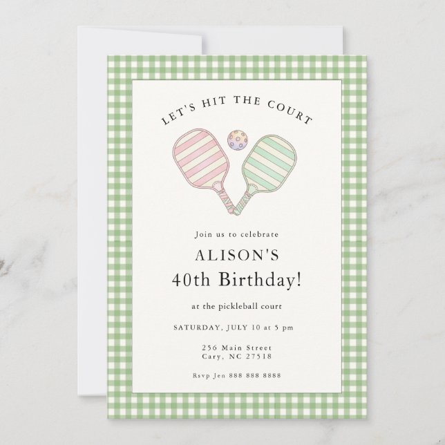 Invitación Fiesta de cumpleaños de pickleball rosa y verde el (Anverso)