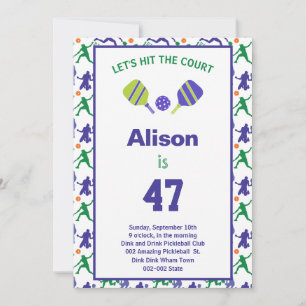 Invitación Fiesta de cumpleaños de Pickleball verde y morado