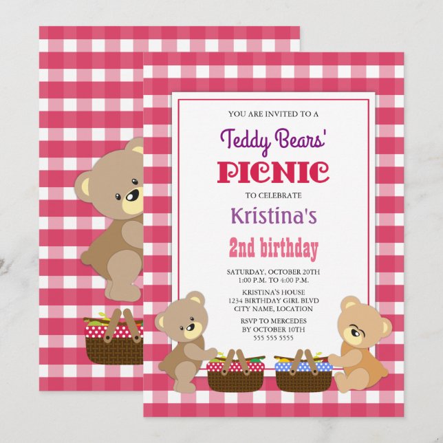 Invitación Fiesta de cumpleaños de picnic de Teddy Bears (Anverso / Reverso)