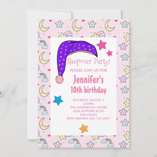 Invitación Fiesta de Cumpleaños de Pijamada Gorro Nocturno Mo (Anverso)