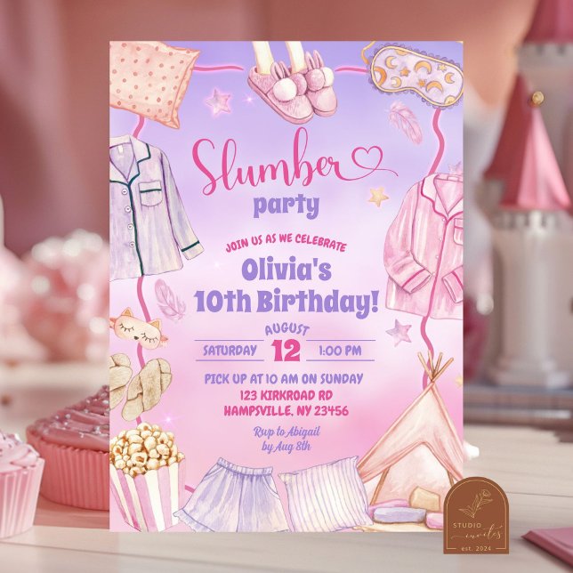 Invitación Fiesta de cumpleaños de pijamada rosa y púrpura (Subido por el creador)