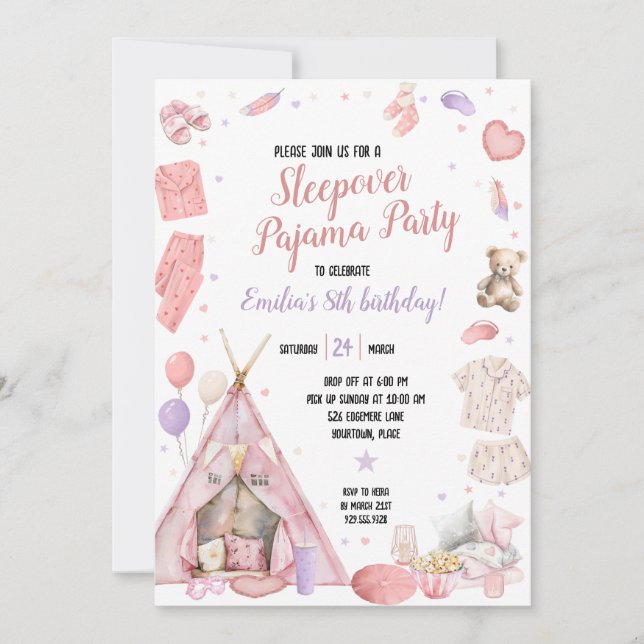 Invitación Fiesta de Cumpleaños de Pijamas con Pijamada (Anverso)
