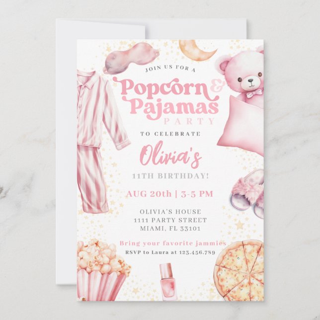 Invitación Fiesta de Cumpleaños de pijamas y palomitas de maí (Anverso)