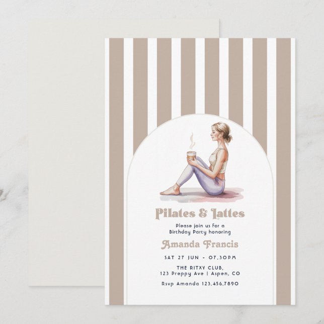 Invitación Fiesta de cumpleaños de Pilates y Lattes Preppy Ne (Anverso / Reverso)