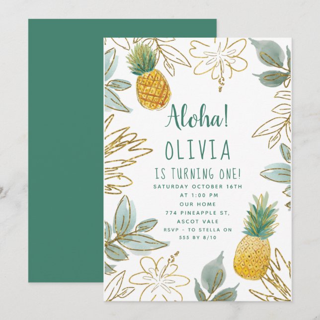 Invitación Fiesta de Cumpleaños de Piña con Brillo Dorado (Anverso / Reverso)