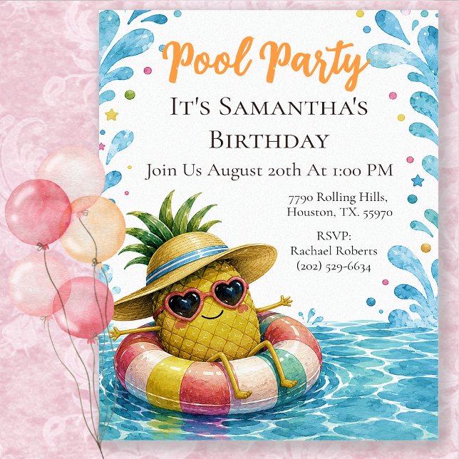 Invitación Fiesta de Cumpleaños de Piña en la Piscina (Subido por el creador)