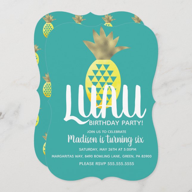 Invitación Fiesta de cumpleaños de Pineapple LUAU de cualquie (Anverso / Reverso)