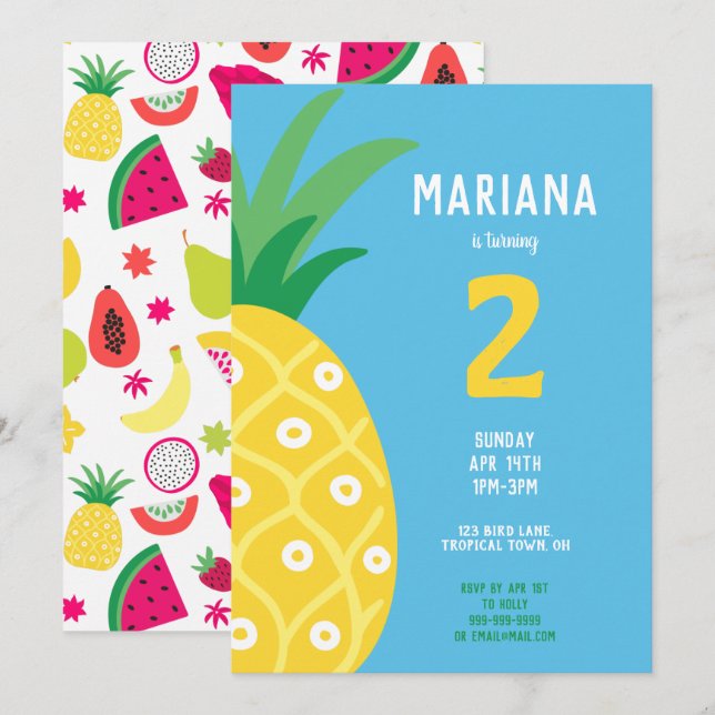 Invitación Fiesta de cumpleaños de Pineapple Tutti Frutti (Anverso / Reverso)