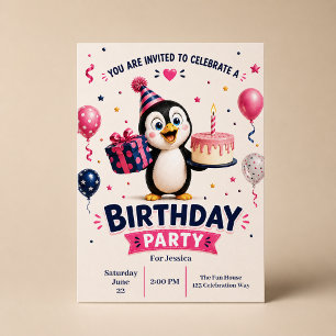 Invitación Fiesta de Cumpleaños de Pingüino Divertido y Lindo