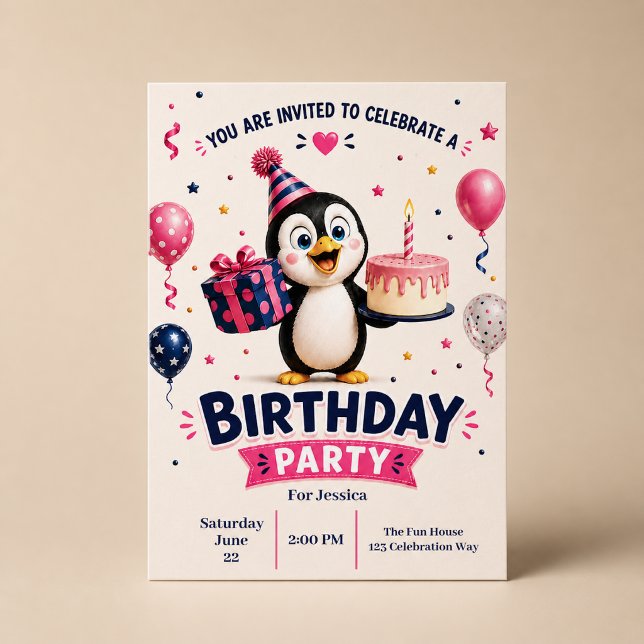 Invitación Fiesta de Cumpleaños de Pingüino Divertido y Lindo (Subido por el creador)
