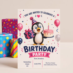 Invitación Fiesta de Cumpleaños de Pingüino Divertido y Lindo