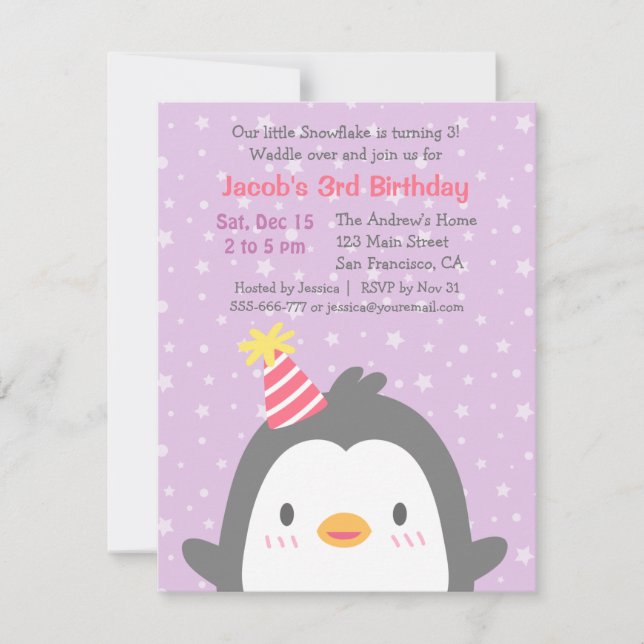 Invitación Fiesta de Cumpleaños de Pingüino Lindo Diciembre P (Anverso)