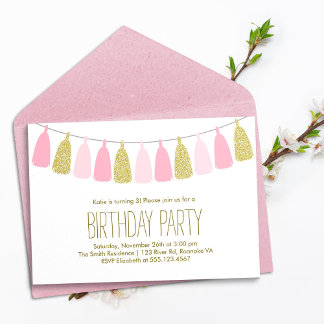 Invitación Fiesta de cumpleaños de Pink and Gold Tassel Garla