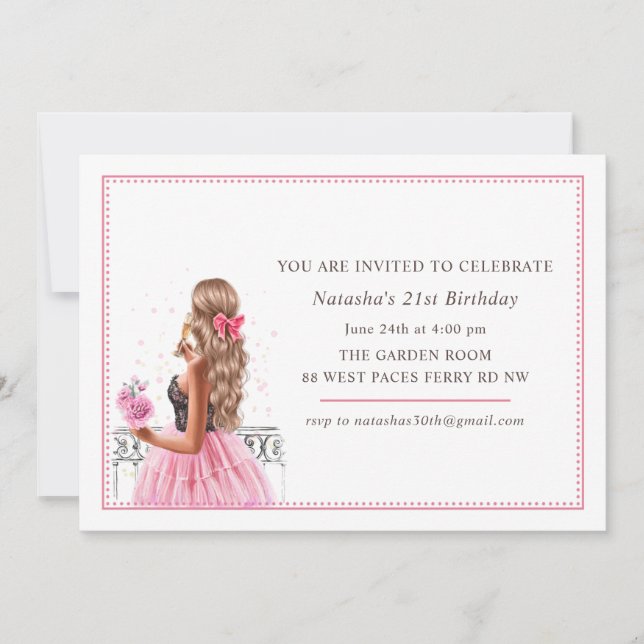 Invitación Fiesta de cumpleaños de Pink Bows Champagne (Anverso)