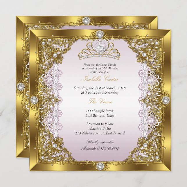 Invitación Fiesta de cumpleaños de Pink Gold Pearl Lace Tiara (Anverso / Reverso)
