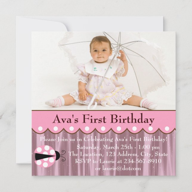Invitación Fiesta de cumpleaños de Pink Ladybug (Anverso)