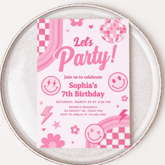 Invitación Fiesta de cumpleaños de Pink Retro Groovy (Pink Retro Groovy Let's Party Birthday Party Invitation)