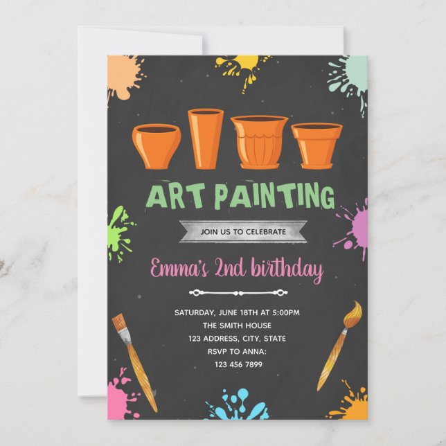 Invitación Fiesta de cumpleaños de pintura de alfarería de fl (Anverso)