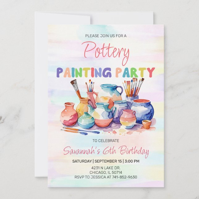 Invitación Fiesta de cumpleaños de pintura de cerámica (Anverso)