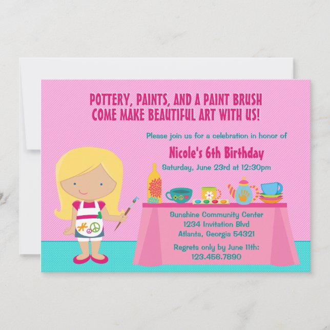 Invitación Fiesta de cumpleaños de pintura de cerámica y arte (Anverso)