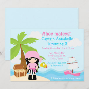 Invitación Fiesta de Cumpleaños de Pirata con Cabello Negro L