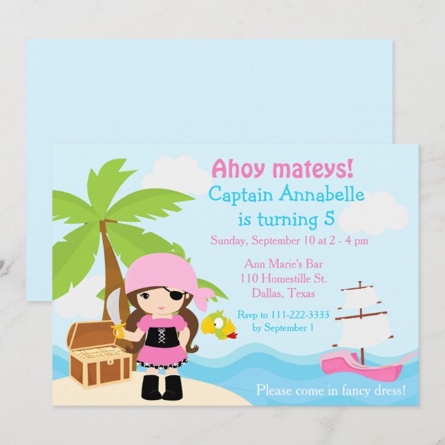 Invitación Fiesta de Cumpleaños de Pirata Morena Linda (Anverso / Reverso)