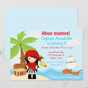 Invitación Fiesta de Cumpleaños de Pirata Niña con Cabello Ne
